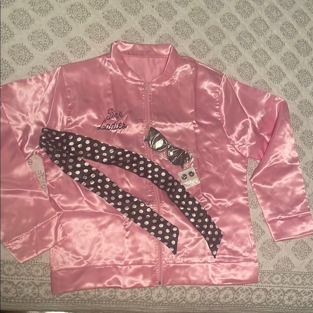 Pink Satin Jacket with Polka Dot Scarf
